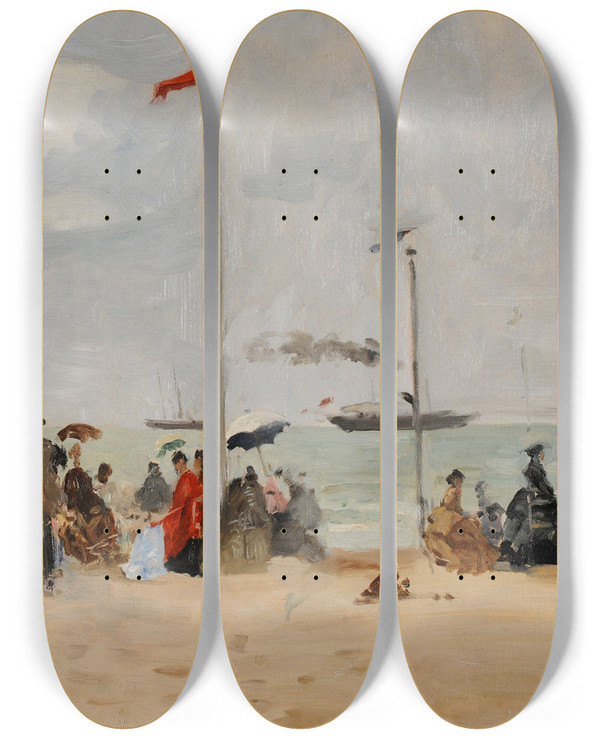 Triptych art skateboard deck of Eugne Boudin Sur La Plage De Trouville by Eugene Boudin (1824-1898)