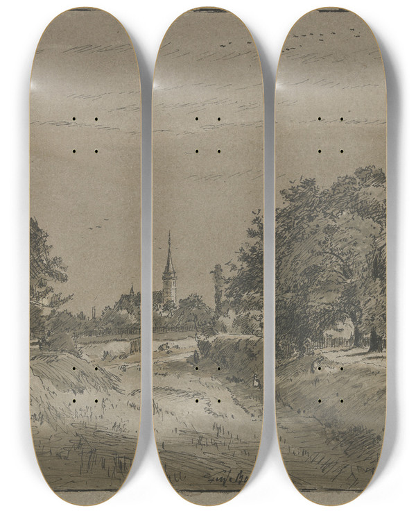 Triptych art skateboard deck of Ferdinand Balzer Blick Auf Die Kirche In Oberursel by Ferdinand Balzer (1872-1916)