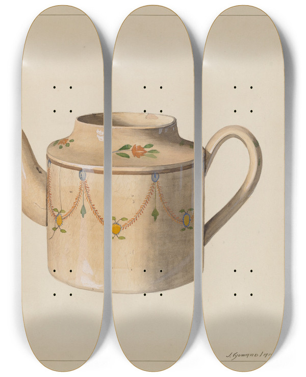 Triptych art skateboard deck of J Howard Iams Teapot by J Howard Iams (20-)