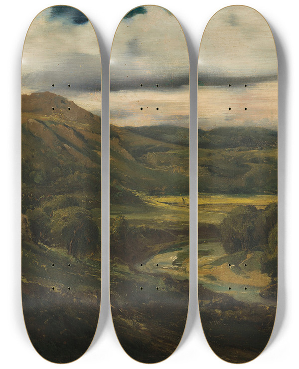 Triptych art skateboard deck of Thodore Rousseau Valle Et Montagnes Dauvergne by Theodore Rousseau (1812-1867)