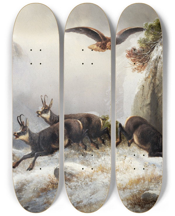 Triptych art skateboard deck of Moritz Mller Chamois Persecuted By An Eagle by Moritz Melzer (1841-1899)