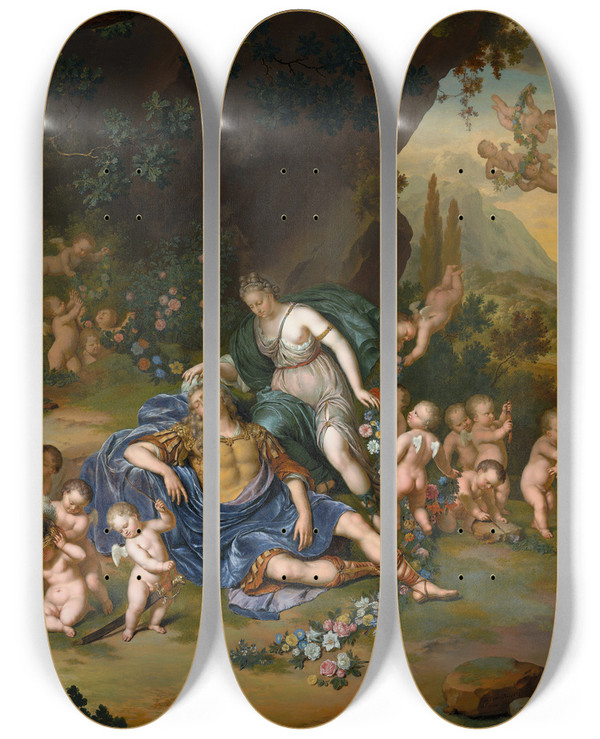 Triptych art skateboard deck of Willem Van Mieris Armida Binding The Sleeping Rinaldo With Flowers by Willem Van Mieris (1662-1747)
