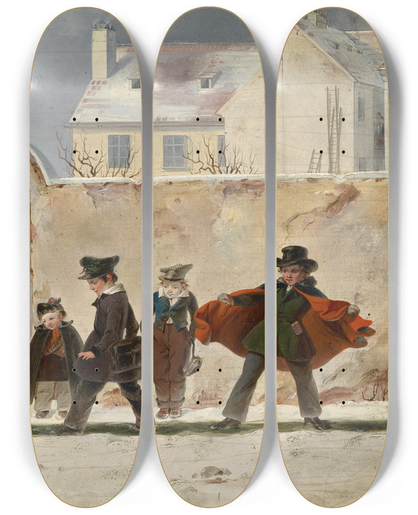 Triptych art skateboard deck of Johann Nepomuk Mayer Nach Der Schule by Johann Nepomuk Mayer (1805-1866)