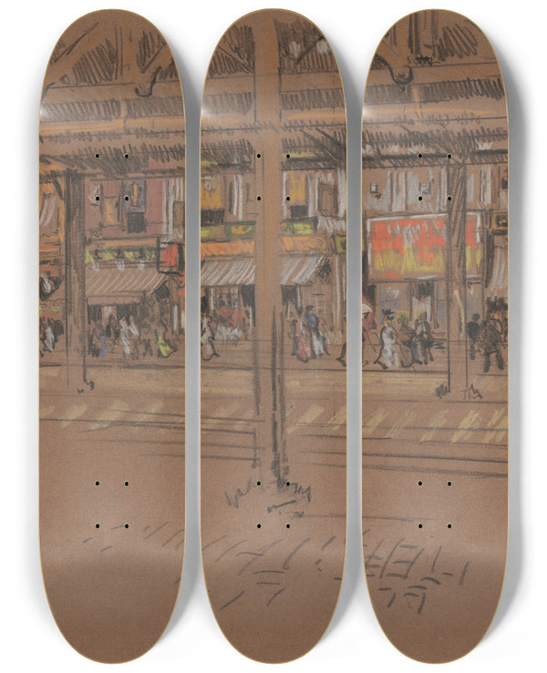 Triptych art skateboard deck of Joseph Pennell Sixth Avenue by Joseph Pennell (1857-1926)