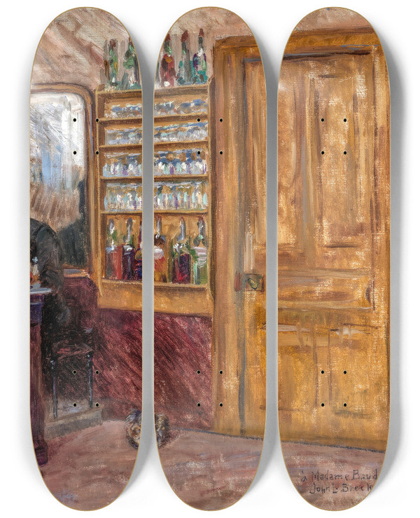 Triptych art skateboard deck of John Leslie Breck M Baudy Behind His Desk At The Hotel Baudy by John Leslie Breck (1860-1899)