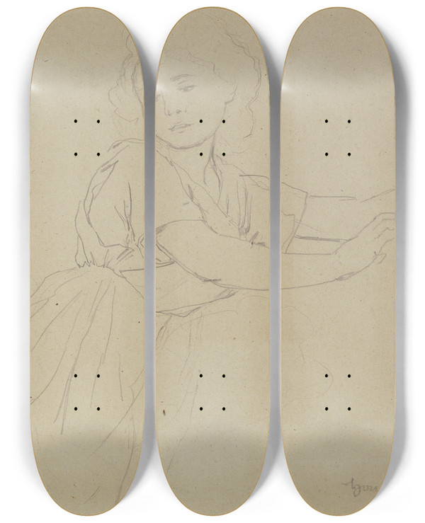 Triptych art skateboard deck of Hans Thoma Pan And Daphnis by Hans Thoma (1839-1924)