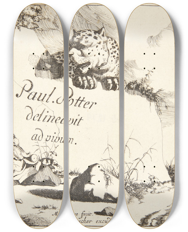 Triptych art skateboard deck of Marcus De Bye Titelblad Til Leoparder by Marcus de Bye (1638-1688)