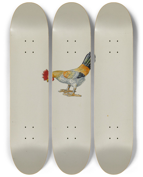 Triptych art skateboard deck of Lillian Hunter Toy Rooster by Lillian Hunter