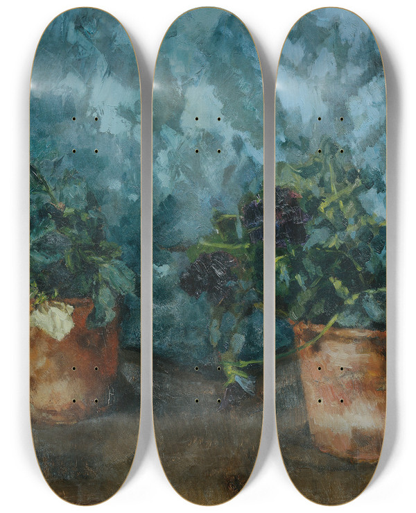 Triptych art skateboard deck of Carl Schuch Stillleben Mit Blumentpfen by Carl Schuch (1846-1903)