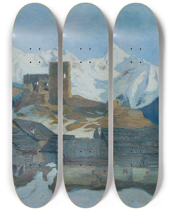 Triptych art skateboard deck of Mathilde Sittaall Winter In Ladis Tirol by Mathilde Sitta-All (1871-1942)