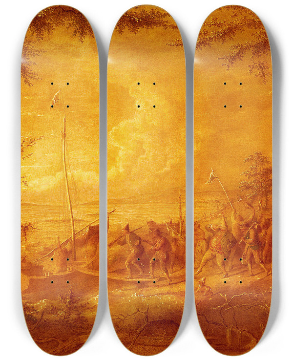 Triptych art skateboard deck of John Quidor Embarkation From Communipaw by John Quidor (1801-1881)
