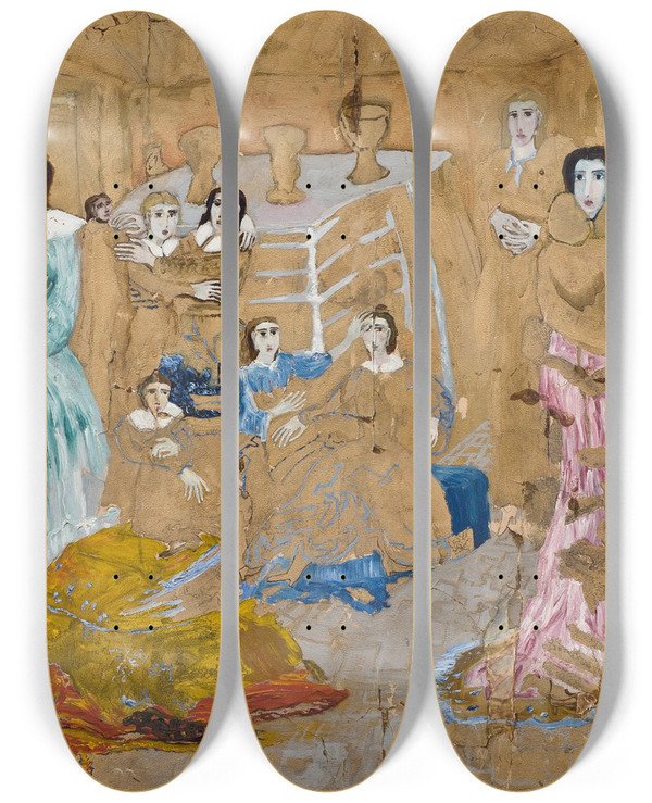 Triptych art skateboard deck of Carl Fredrik Hill Figures On Golden Ground Composition From His Illness by Carl Fredrik Hill (1849-1911)