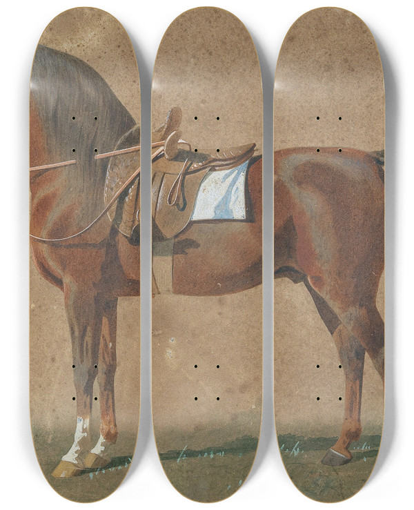 Triptych art skateboard deck of Emil Volkers Gesattelter Hengst by Emil Volkers (1831-1905)
