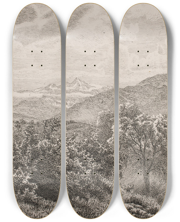 Triptych art skateboard deck of Vilhelm Kyhn Hjfjeldslandskab by Vilhelm Kyhn (1819-1903)