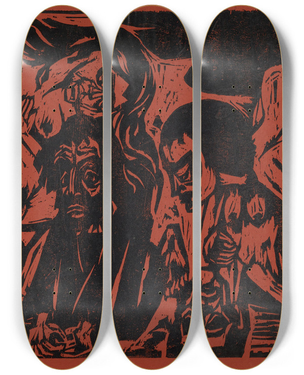 Triptych art skateboard deck of Hermann Scherer Versuchung Des Antonius_1 by Hermann Scherer (1893-1927)