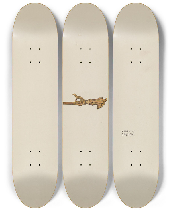 Triptych art skateboard deck of Harry Grossen Watch Key_3 by Harry Grossen