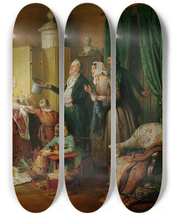 Triptych art skateboard deck of Eduard Ritter Der Kranke Musiker by Eduard Ritter (1808-1853)