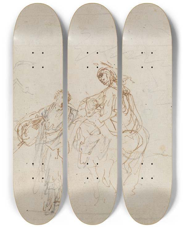 Triptych art skateboard deck of Stefano Della Bella The Flight Into Egypt Verso by Stefano Della Bella (1610-1664)
