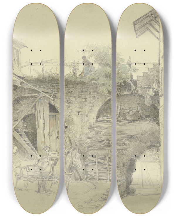 Triptych art skateboard deck of Jakob Frchtegott Dielmann An Der Stadtmauer Hlt Ein Wagen Oben Begiet Ein Mdchen Ihre Blumen by Jakob Furchtegott Dielmann (1809-1885)