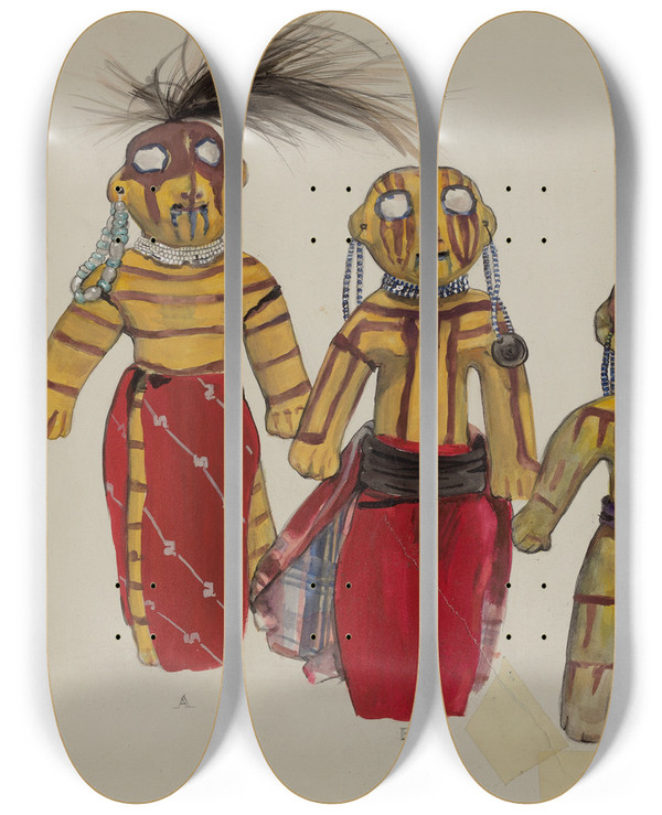 Triptych art skateboard deck of Jane Iverson Indian Doll Group by Jane Iverson