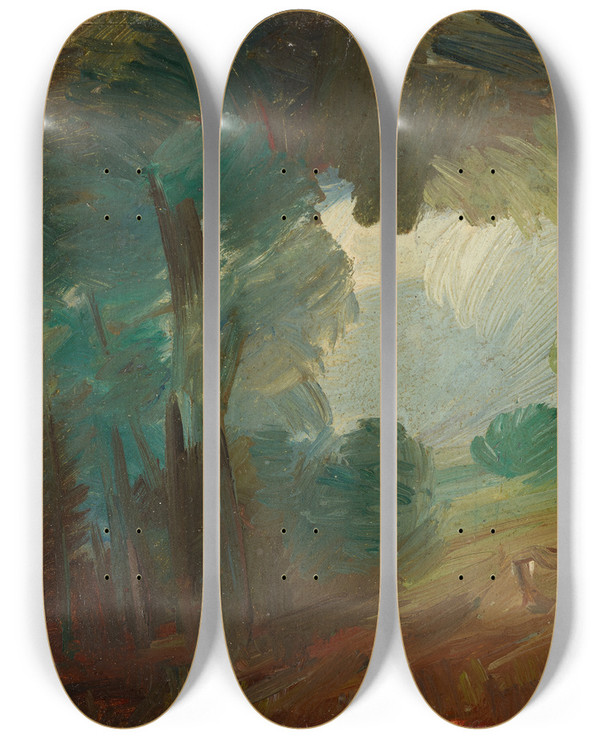 Triptych art skateboard deck of Wilhelm Busch Waldlandschaft Mit Khen Und Bauern by Wilhelm Busch (1832-1908)
