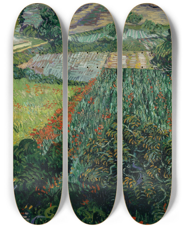 Triptych art skateboard deck of Vincent Van Gogh Field With Poppies by Vincent van Gogh (1853-1890)