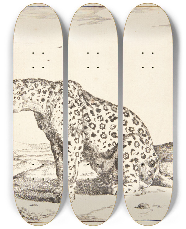 Triptych art skateboard deck of Marcus De Bye Siddende Hunleopard Vendt Mod Venstre by Marcus de Bye (1638-1688)