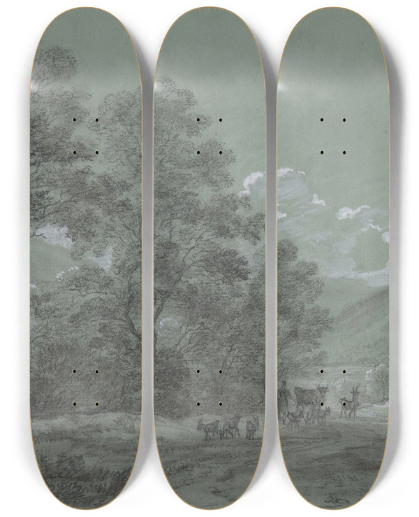 Triptych art skateboard deck of Cantius Dillis Landscape Near Ruhpolding by Cantius Dillis (1779-1856)