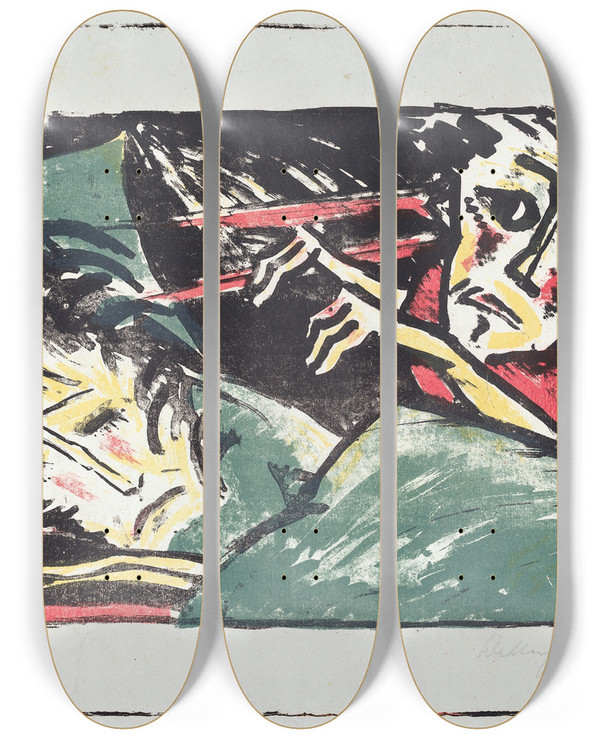 Triptych art skateboard deck of Walter Gramatt Qual Torment by Walter Gramatte (1897-1929)