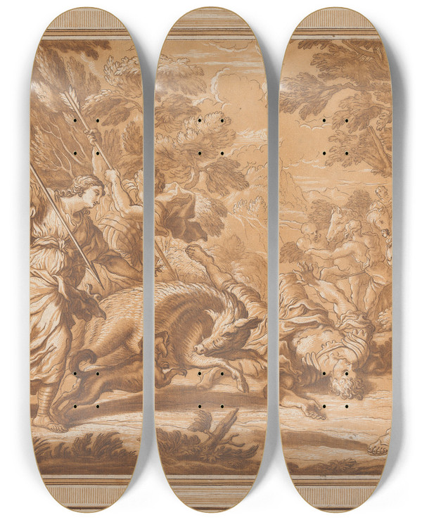 Triptych art skateboard deck of Elisha Kirkall The Death Of Adonis by Elisha Kirkall (1682-1742)