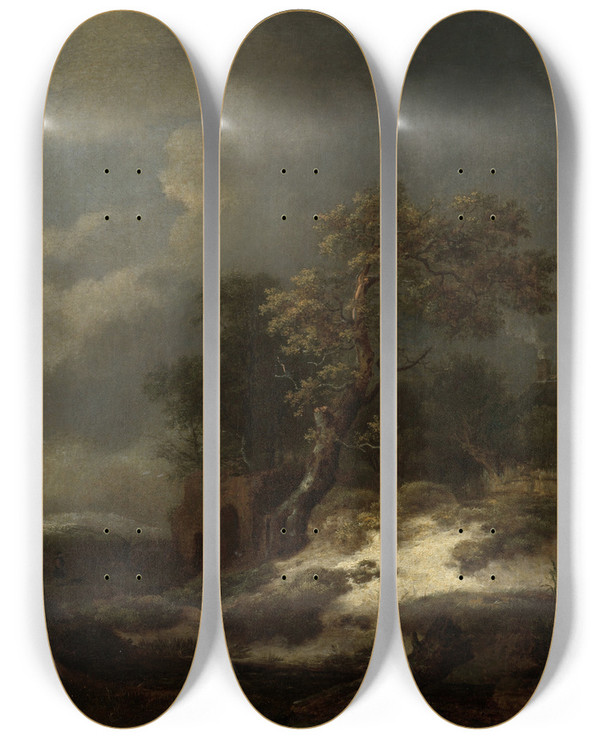 Triptych art skateboard deck of Jacob Van Ruisdael Landscape With Ruins by Jacob Van Ruisdael (1628-1682)