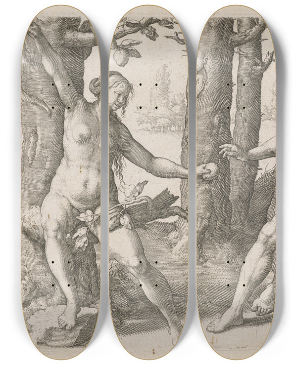 Triptych art skateboard deck of Lucas Van Leyden Leiden Der Sndenfall by Lucas Van Leyden (1494-1533)
