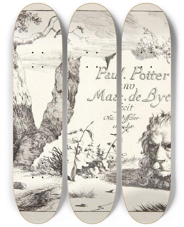 Triptych art skateboard deck of Marcus De Bye Titelblad Til Lver Bjrne Ulve Og Svin by Marcus de Bye (1638-1688)