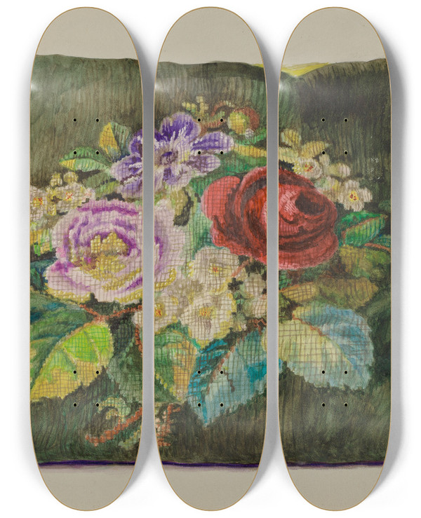 Triptych art skateboard deck of Edith Magnette Pillow Sampler by Edith Magnette (20-)