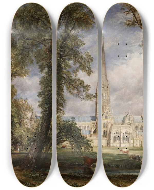 Triptych art skateboard deck of John Constable Salisbury Cathedral From The Bishops Garden by John Constable (1776-1837)