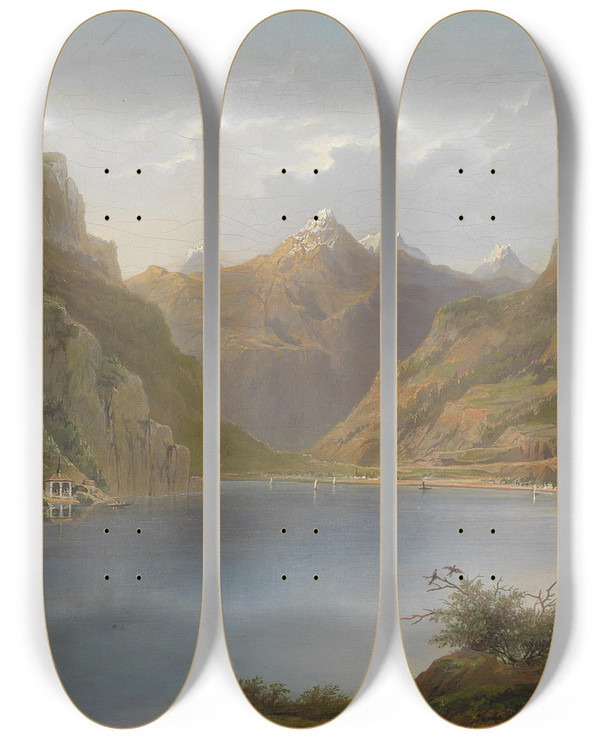 Triptych art skateboard deck of Hermann Ottomar Herzog Vierwaldstttersee by Hermann Ottomar Herzog (1831-1932)