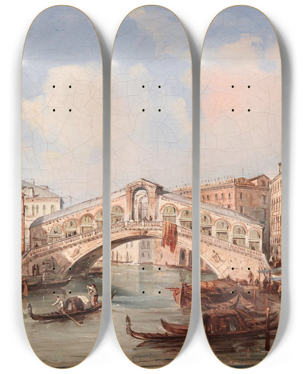 Triptych art skateboard deck of Carlo Grubacs Venice The Rialto Bridge by Carlo Grubacs (1812-1870)