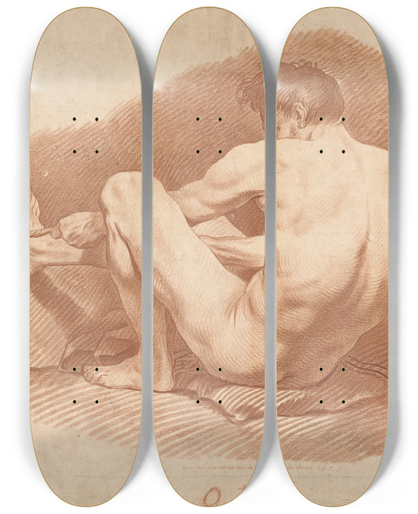 Triptych art skateboard deck of Gilles Demarteau The Elder Seated Nude Man Seen From Behind Pulling A Rope by Gilles Demarteau The Elder (1722-1776)