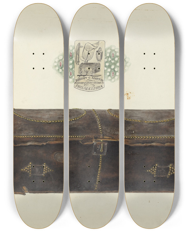 Triptych art skateboard deck of Charles Bowman Trunk by Charles Bowman