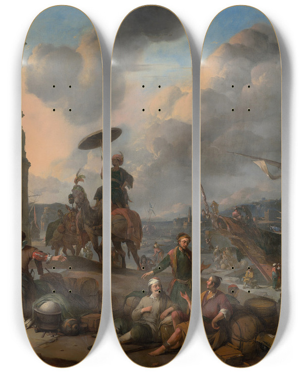Triptych art skateboard deck of Johannes Lingelbach Harbour On The Mediterranean by Johannes Lingelbach (1622-1674)