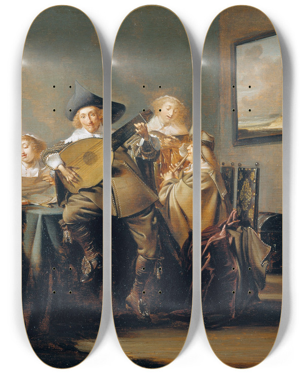 Triptych art skateboard deck of Pieter Codde Company Of Musicmakers by Pieter Codde (1599-1678)