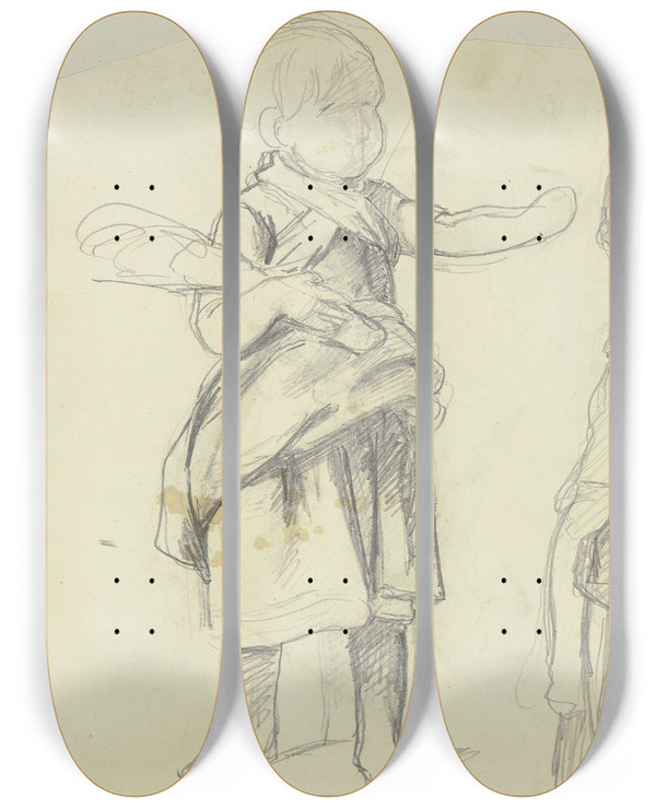 Triptych art skateboard deck of Jakob Becker Studienblatt Kind Und Junge Frau by Jakob Becker (1810-1872)