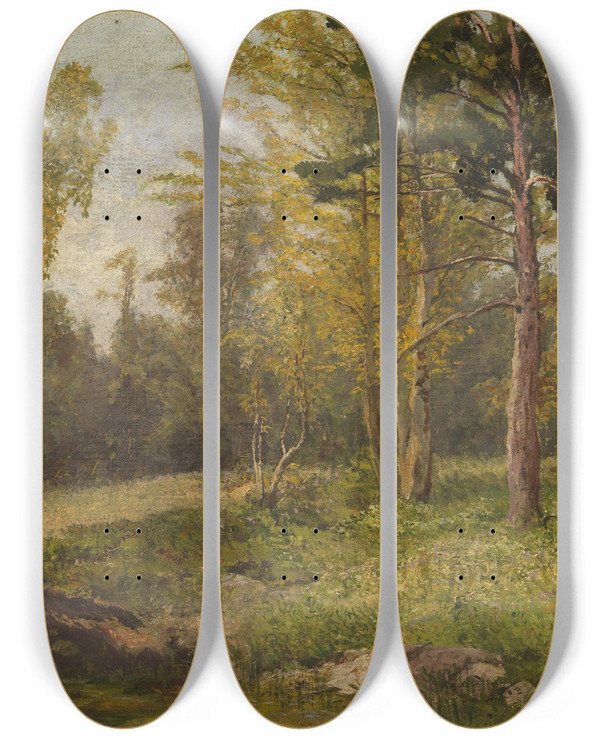 Triptych art skateboard deck of Konrad Petrides Waldlandschaft by Konrad Petrides (1864-1943)