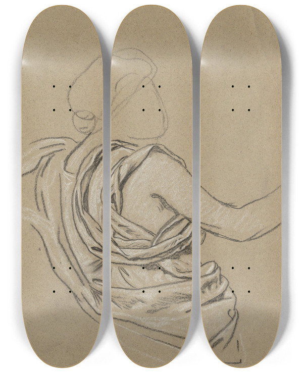 Triptych art skateboard deck of Elihu Vedder Study For Figure Ofautumn_3 by Elihu Vedder (1836-1923)