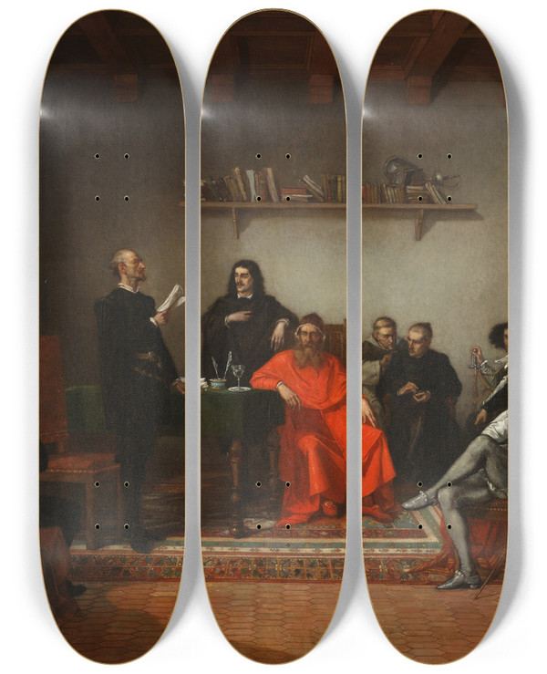 Triptych art skateboard deck of Ignacio Merino Reading Don Quixote by Ignacio Merino (1817-1876)
