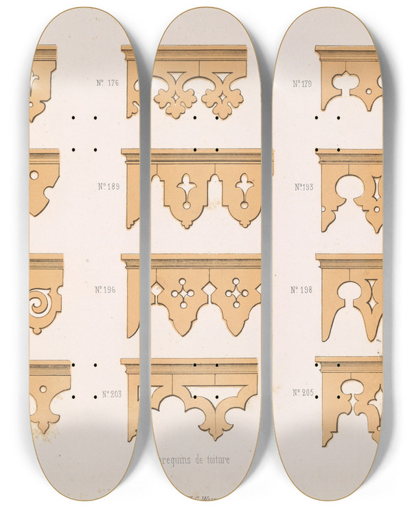 Triptych art skateboard deck of A Sanguineti La Decoration En Bois Decoupe Pl03 by A Sanguineti