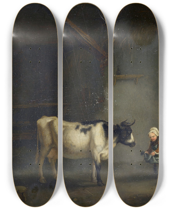 Triptych art skateboard deck of Jacques Albert Senave Girl With Cow In A Stable by Jacques Albert Senave (1758-1823)