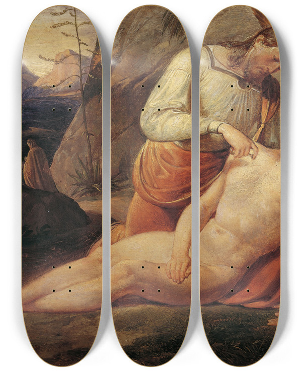 Triptych art skateboard deck of Joseph Von Fhrich The Good Samaritan by Joseph Von Fuhrich (1800-1876)
