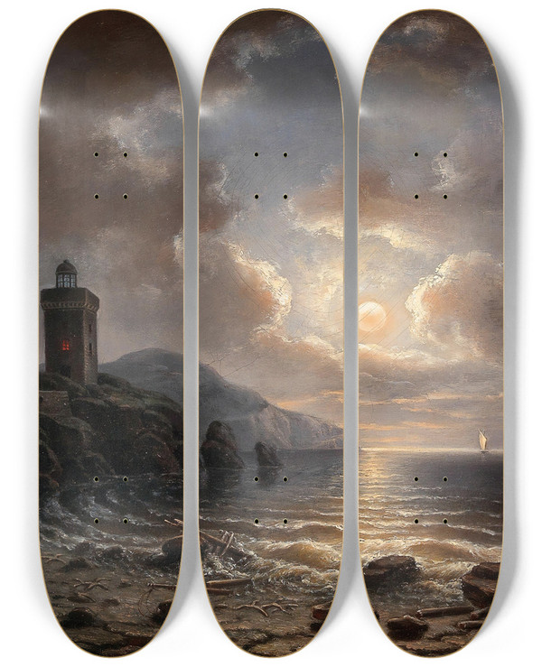 Triptych art skateboard deck of Albert De Marees Coast At Night With Lighthouse by Albert De Marees (19-)