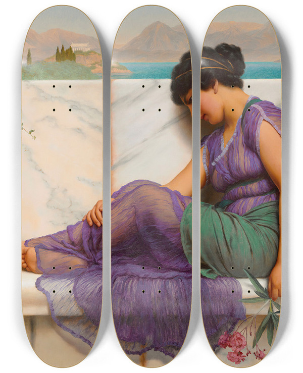 Triptych art skateboard deck of John William Godward Summer Idleness Day Dreams by John William Godward (1861-1922)